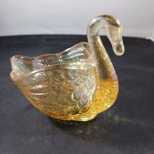Vintage FENTON Iridescent Yellow Gold Amber Open Swan Shaped Dish